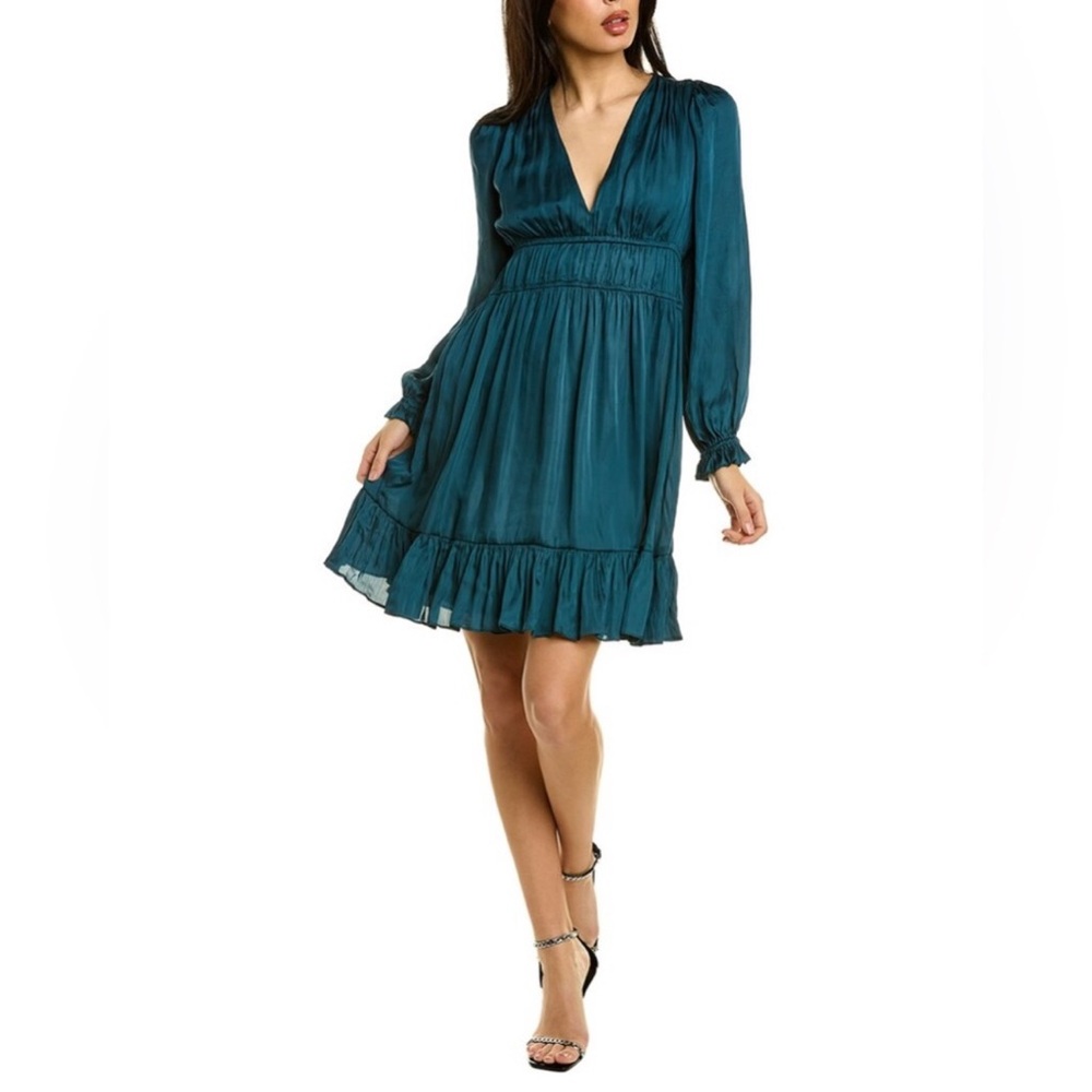 BCBGMaxAzria Green Ruffled Empire Waist Long Sleeve Dress